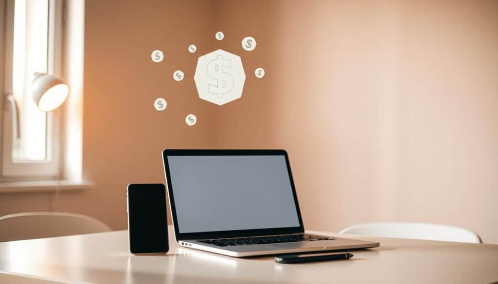 a modern, minimal workspace with a laptop, smartphone, and money icons floating above, representing automated savings and financial technology. The scene is bathed in warm, soft lighting from a window or lamp, creating a cozy, productive atmosphere. The background is a simple, uncluttered wall or surface, allowing the focus to remain on the technological tools and financial symbols. The composition is clean and well-balanced, emphasizing the efficiency and convenience of using automation and digital tools to manage personal finances and grow savings.