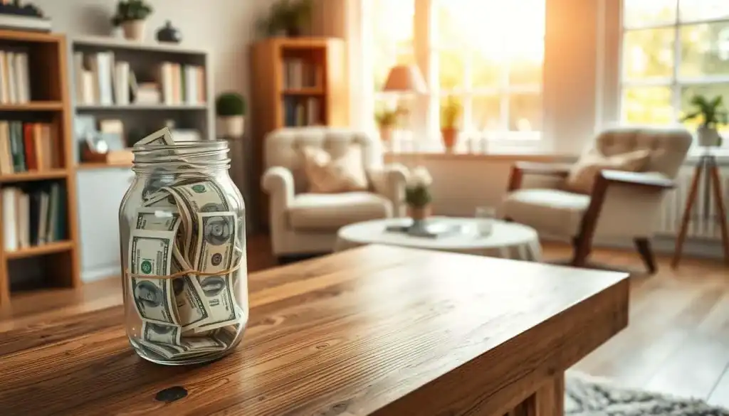 a serene and organized home interior, with a focus on a well-stocked emergency fund. In the foreground, a sturdy wooden table holds a glass jar filled with neatly stacked bills, representing the financial security of the emergency fund. In the middle ground, a cozy armchair and a bookshelf with financial planning books create a sense of comfort and financial literacy. The background features large windows that let in warm, natural lighting, casting a peaceful glow over the scene. The overall atmosphere conveys a sense of financial preparedness and personal well-being.