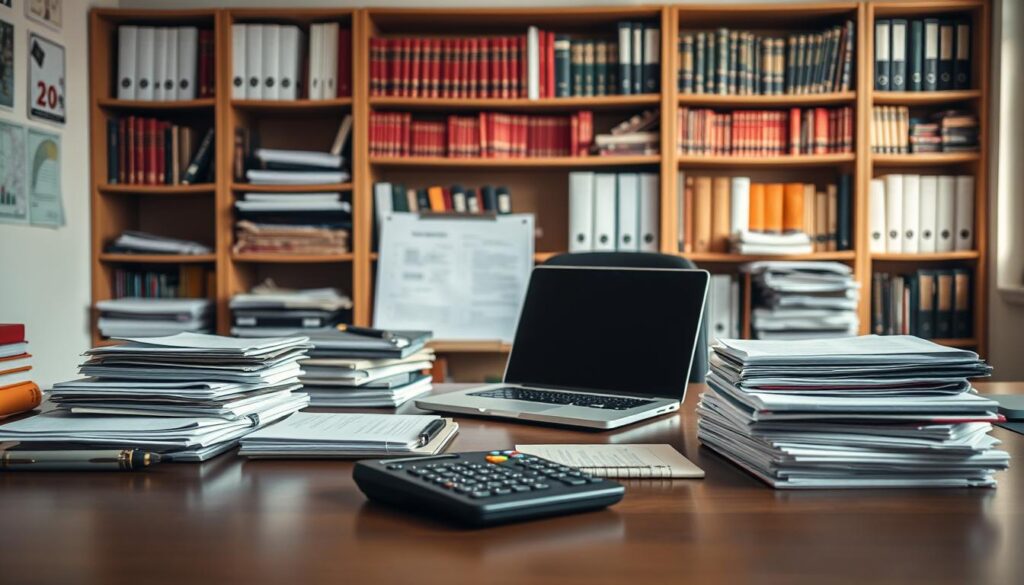 a well-organized office space with a neatly arranged desk, a laptop, a calculator, and stacks of documents and files. the lighting is soft and warm, creating a calm and focused atmosphere. in the background, there are bookshelves filled with financial and accounting books, suggesting expertise and knowledge. the overall mood is one of efficiency, organization, and a commitment to managing debt responsibly. a well-organized office space with a neatly arranged desk, a laptop, a calculator, and stacks of documents and files. the lighting is soft and warm, creating a calm and focused atmosphere. in the background, there are bookshelves filled with financial and accounting books, suggesting expertise and knowledge. the overall mood is one of efficiency, organization, and a commitment to managing debt responsibly.
